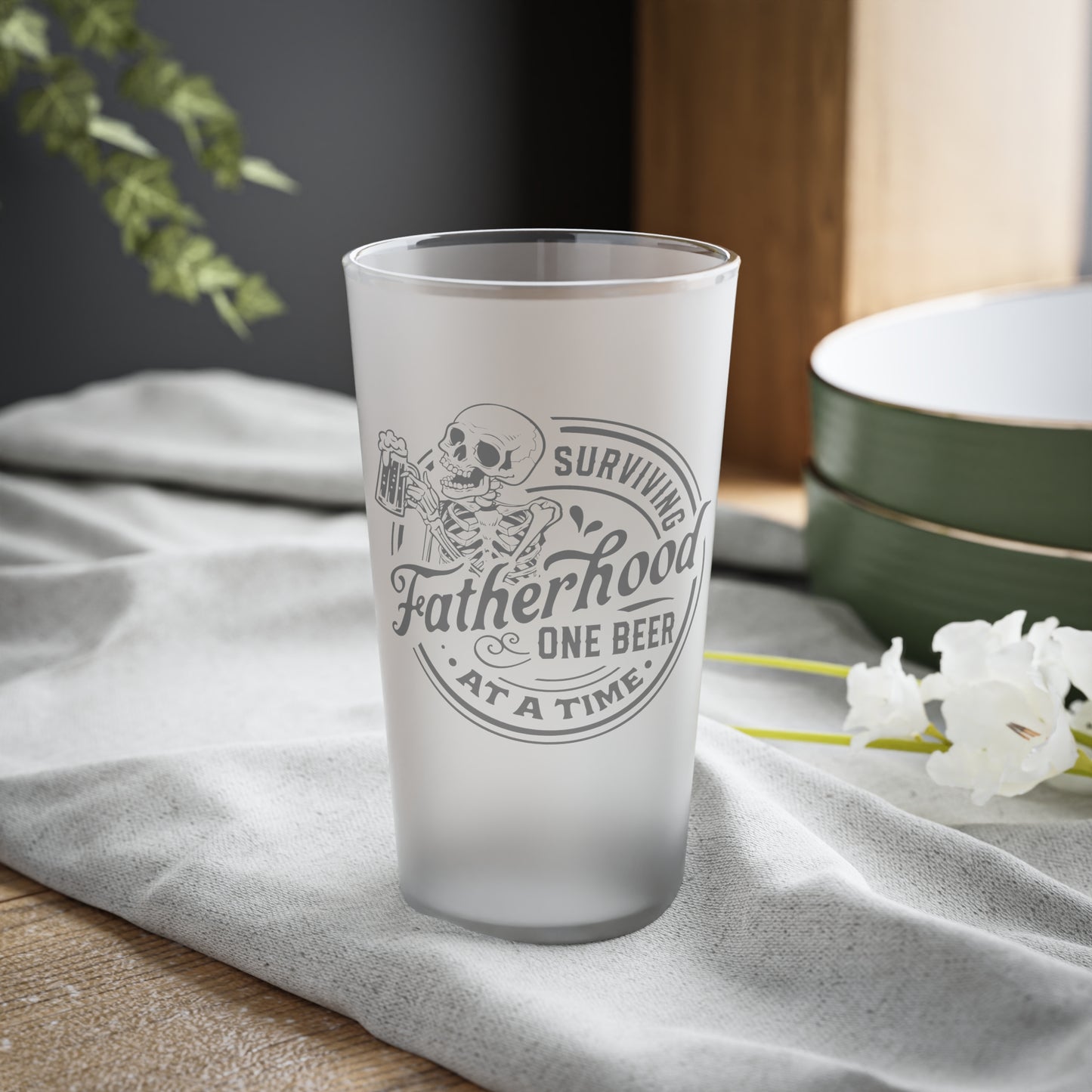 SURVIVING FATHERHOOD ONE BEER AT A TIME Frosted Pint Glass, 16oz